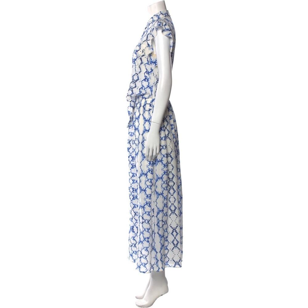Rebecca Taylor Ikat Silk Blue White Abstract Flutter Sleeve Maxi Dress Size 6 - Picture 2 of 12